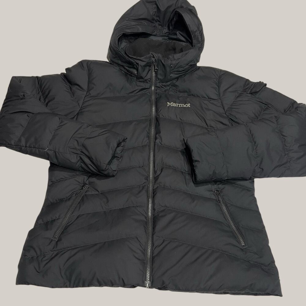 Marmot Down Puffer Jacket Black Hooded Womens Large Insulated Coat